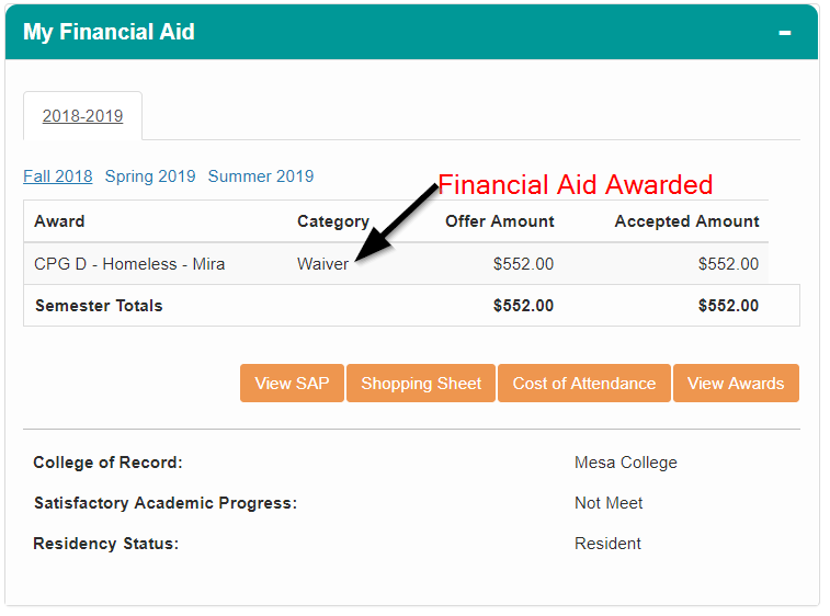 Financial Aid pagelet screenshot 