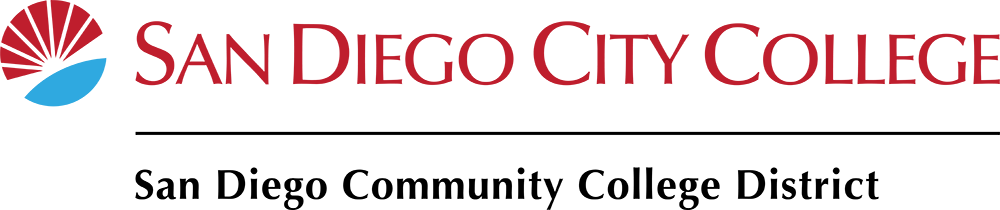 sunburst logo in red and cyan with san diego city college text to right
