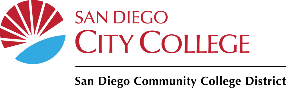 sunburst logo in red and cyan with san diego city college text to right