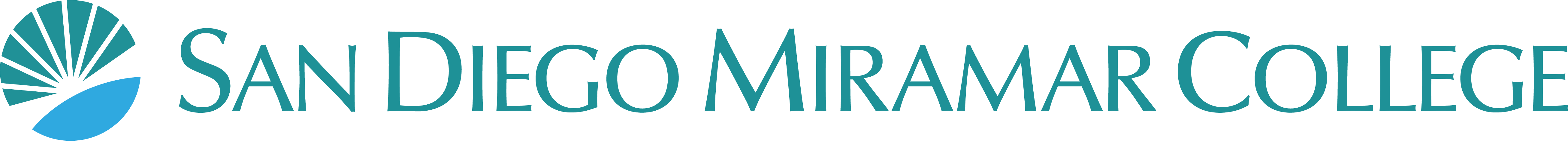 teal and cyan sunburst logo next to wordmark text san diego miramar college on one line