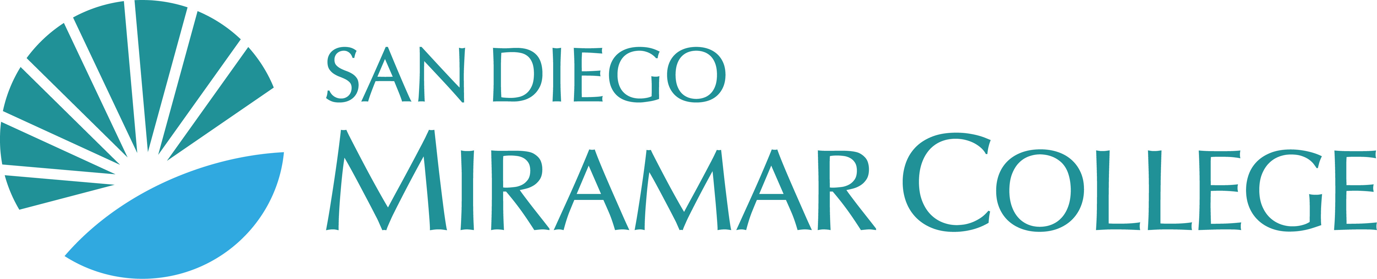 teal and cyan sunburst logo next to wordmark text san diego miramar college on one line