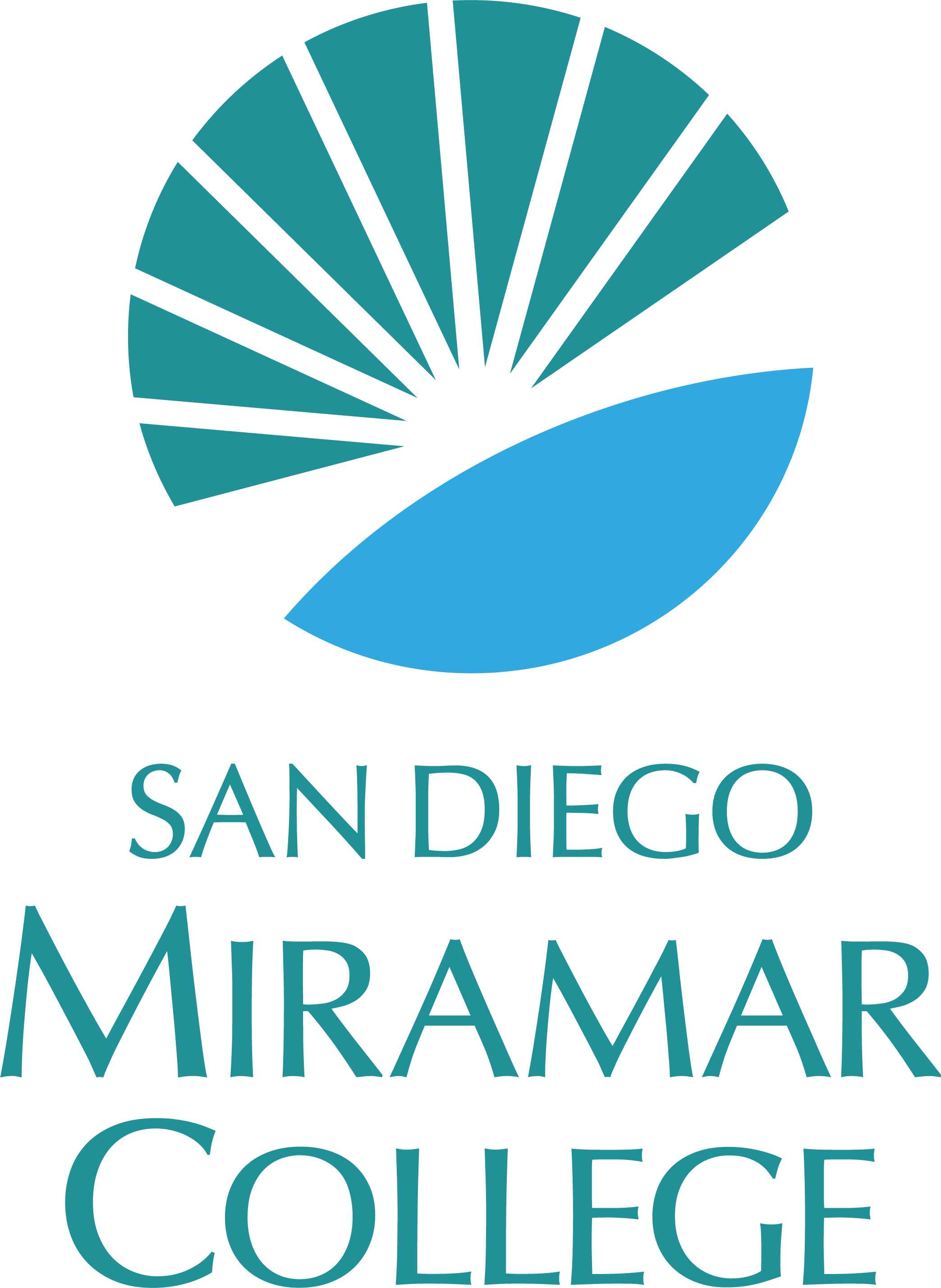 teal and cyan sunburst logo next to wordmark text san diego miramar college
