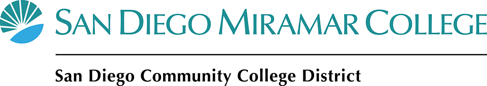 teal and cyan sunburst logo next to wordmark text san diego miramar college on one line