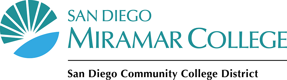 teal and cyan sunburst logo next to wordmark text san diego miramar college on one line
