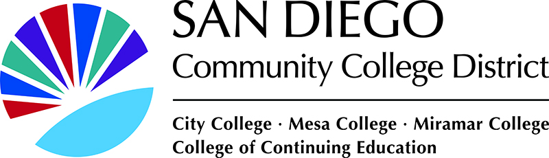 Sunburst logo with college colors and San Diego Community College District text at right and college names below District text