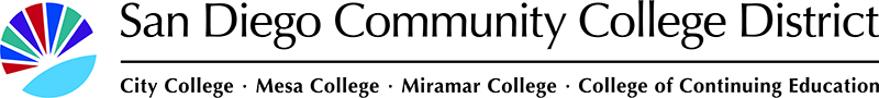 Sunburst logo with college colors and San Diego Community College District text at right and colleges below District text