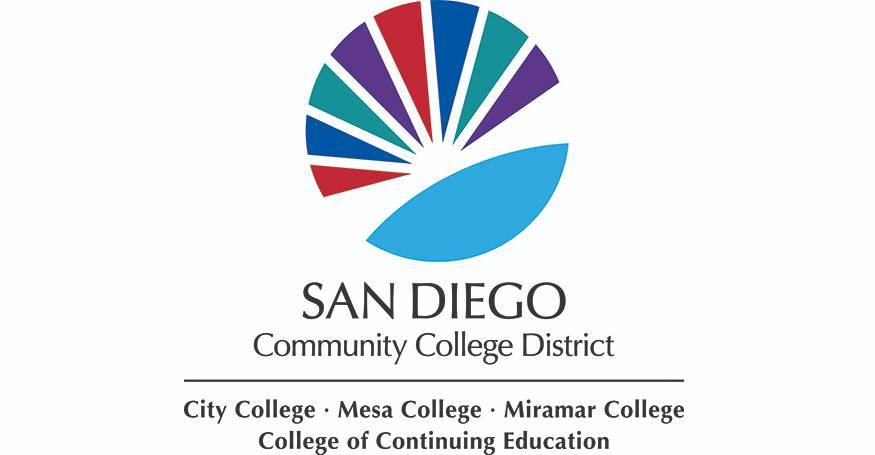 Sunburst logo with college colors and San Diego Community College District text at right and college names below District text