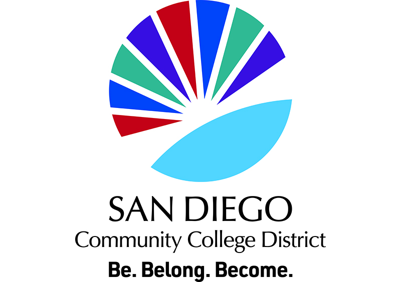 Sunburst logo with college colors and San Diego Community College District text below and tagline be.belong.become below District text
