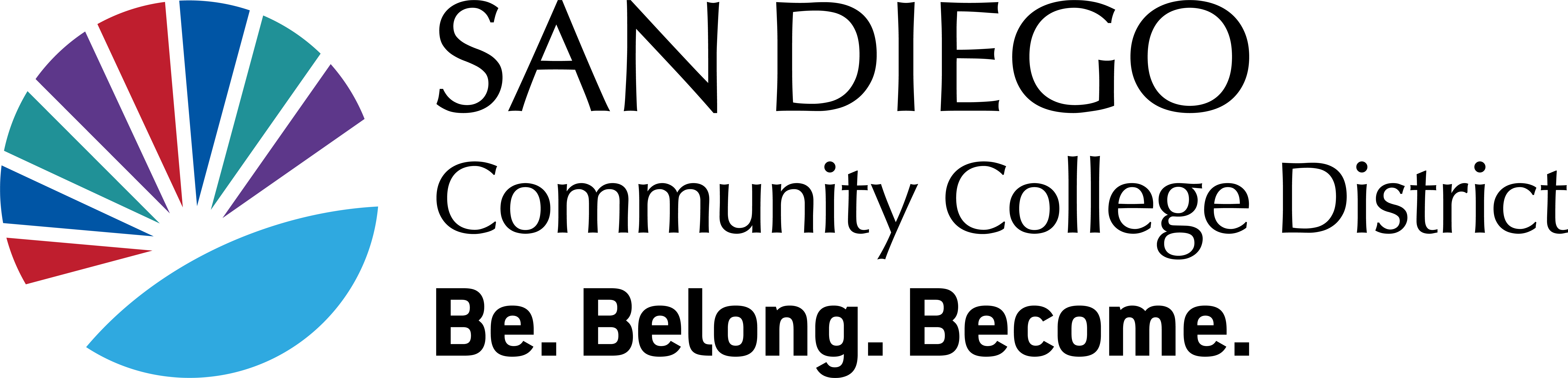 Sunburst logo with college colors and San Diego Community College District text at right and tagline be.belong.become below District text