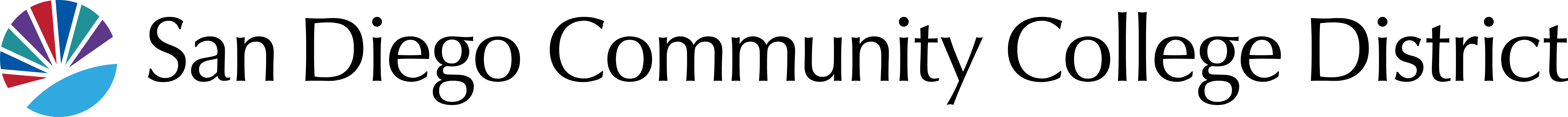 Sunburst logo with college colors and San Diego Community College District text to right as one line