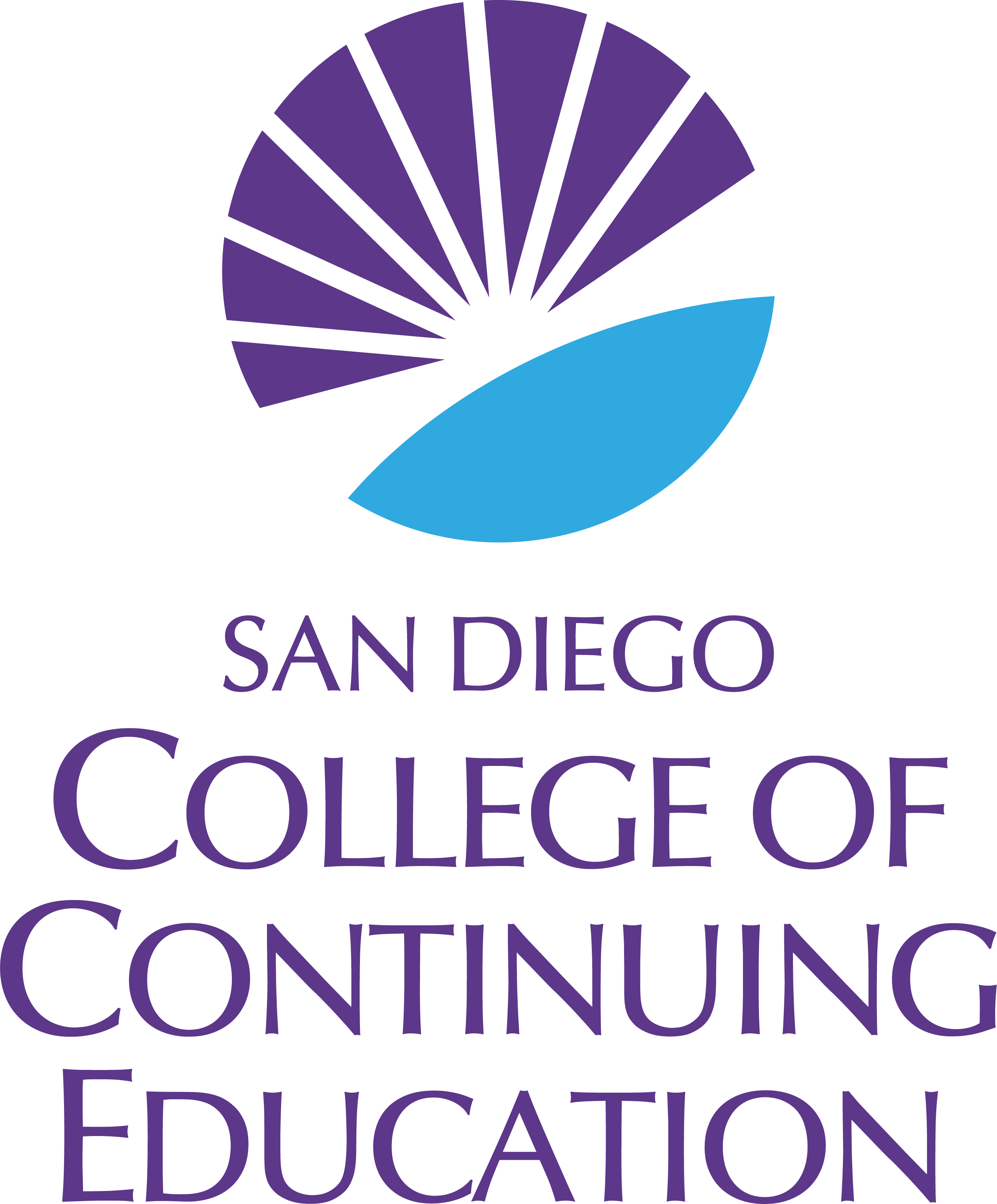 purple and cyan sunburst logo next to wordmark san diego college of continuing education color logo