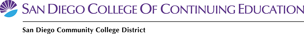 purple and cyan sunburst logo next to wordmark san diego college of continuing education color one line logo  and district text
