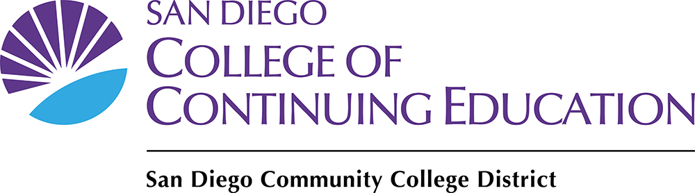 purple and cyan sunburst logo next to wordmark san diego college of continuing education color logo and district text