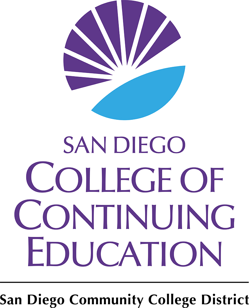 purple and cyan sunburst logo next to wordmark san diego college of continuing education color logo and district text