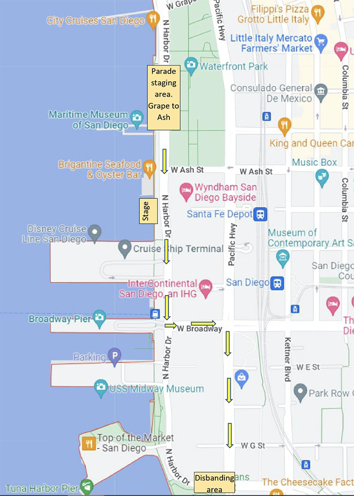 A map of the parade route along Harbor Drive