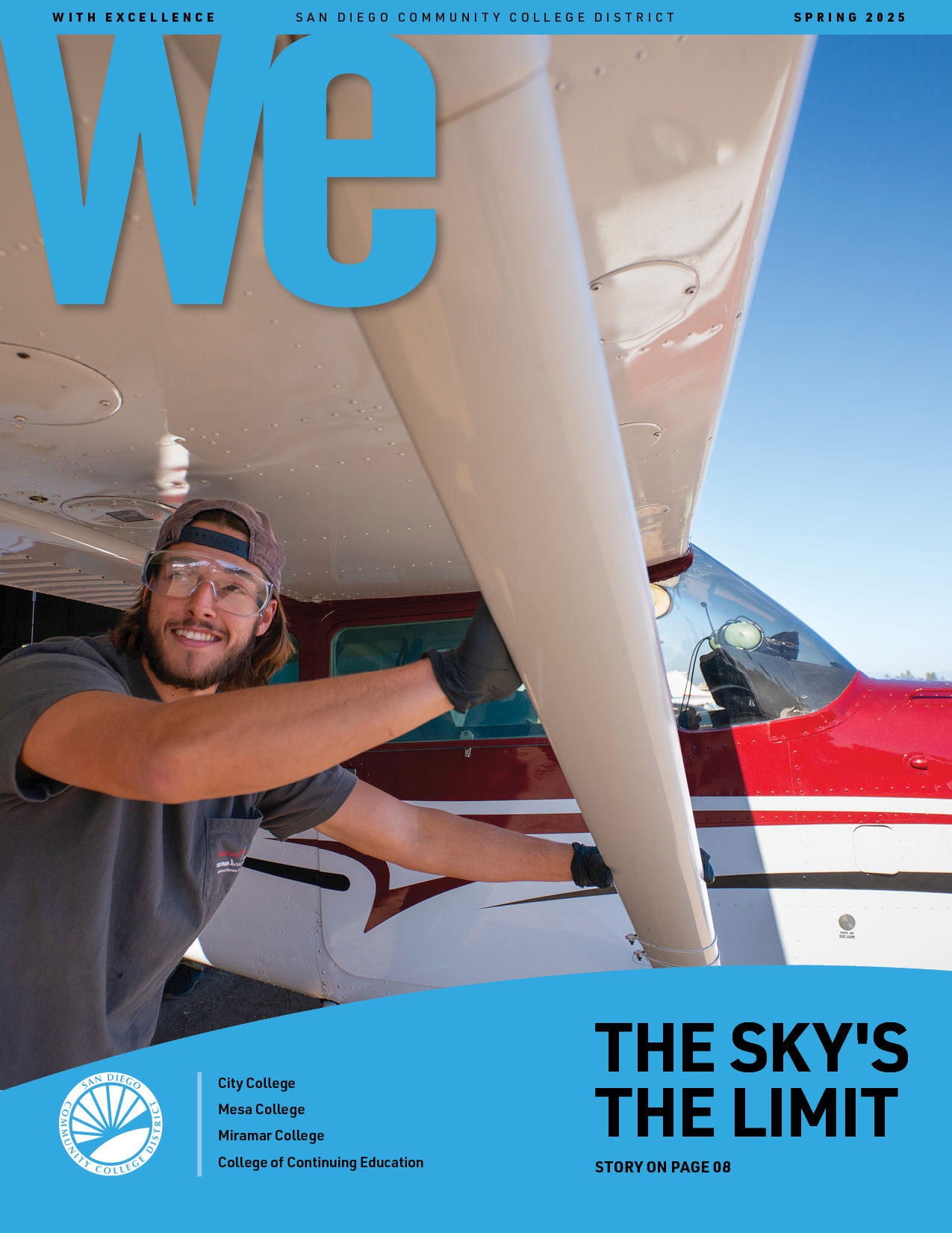 Cover of the Summer 2024 WE Magazine shows a medical student in navy blue scrubs and a stethoscope. There is a hospital bed in the background with a dummy in the bed. Text reads We Special Issue Building a healthier community.