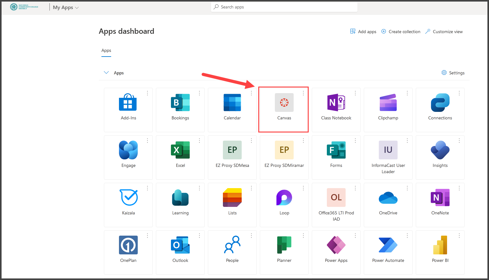 A screenshot of the Canvas myApps pointing towards the Canvas icon