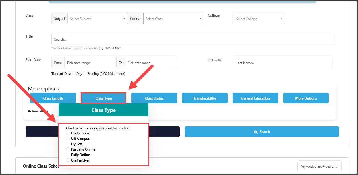 sdccd class search filter by type
