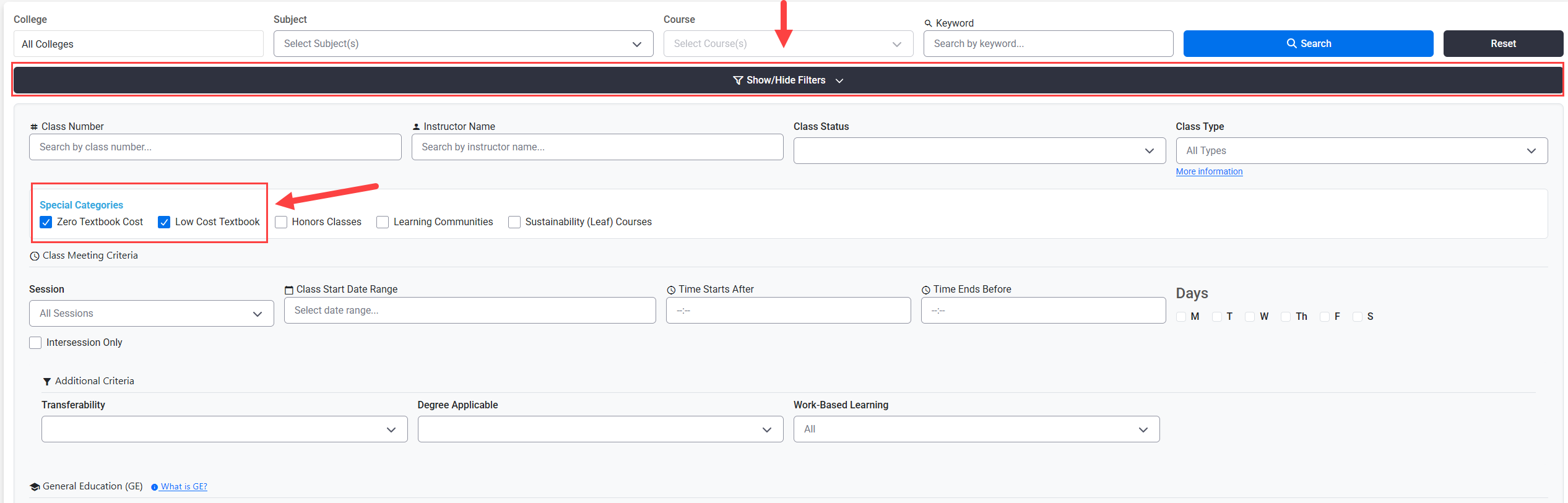 sdccd class search filter by type