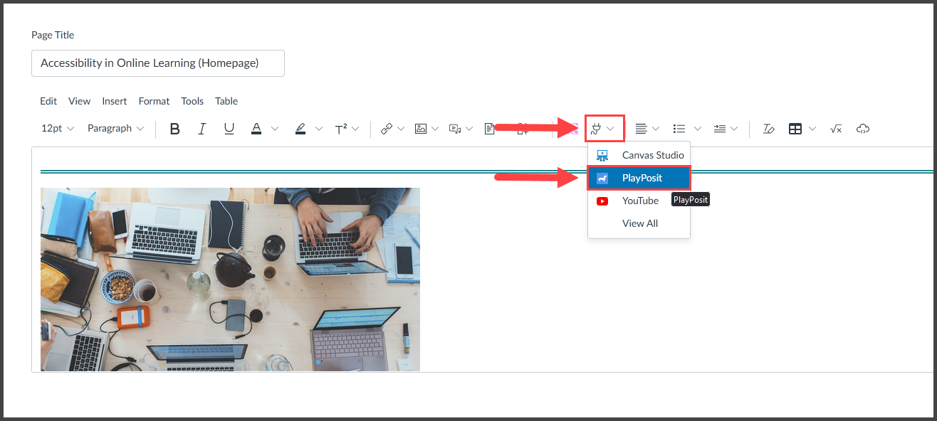 A screenshot of the location of the PlayPosit tool in the RCE