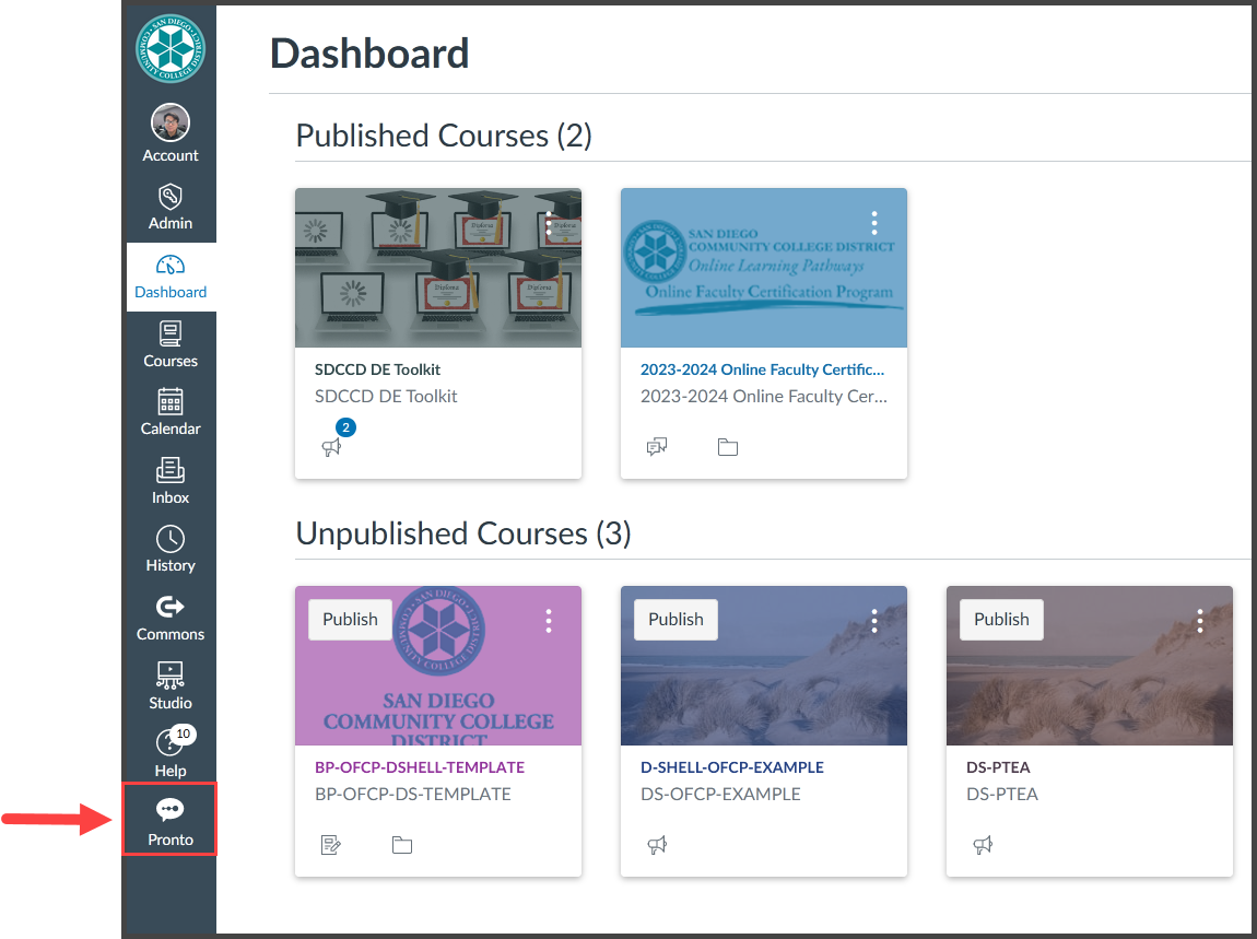 A screenshot of the Canvas Dashboard with the Pronto icon highlighted