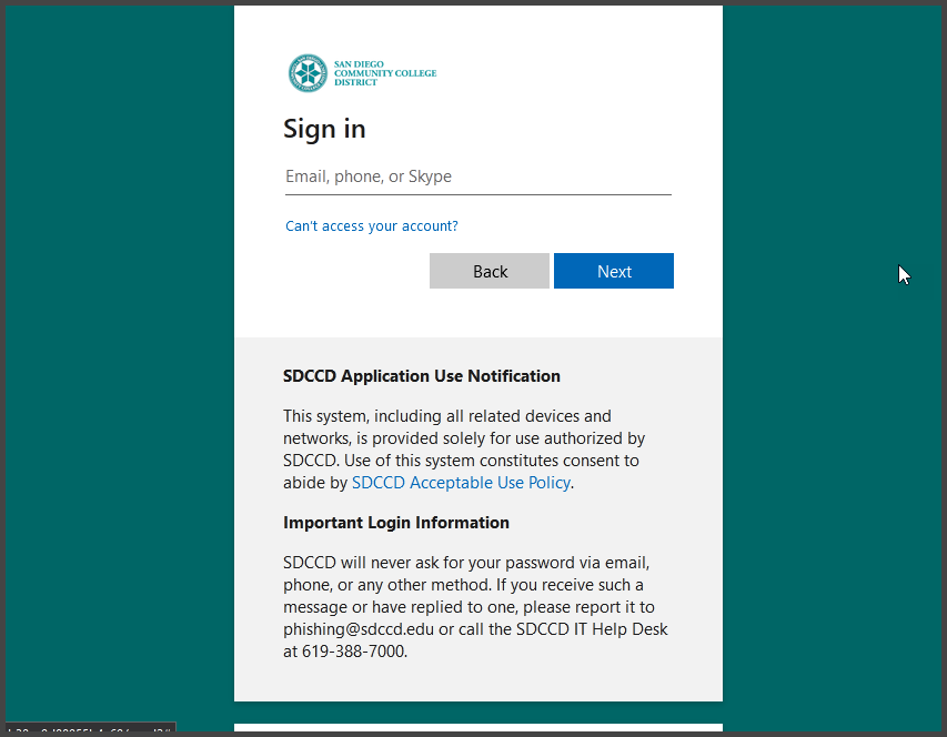 A screenshot of the SDCCD login portal