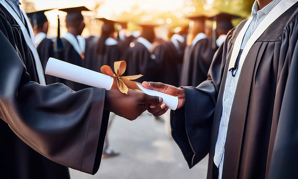 One person is handing another person a graduation certificate with a gold bow