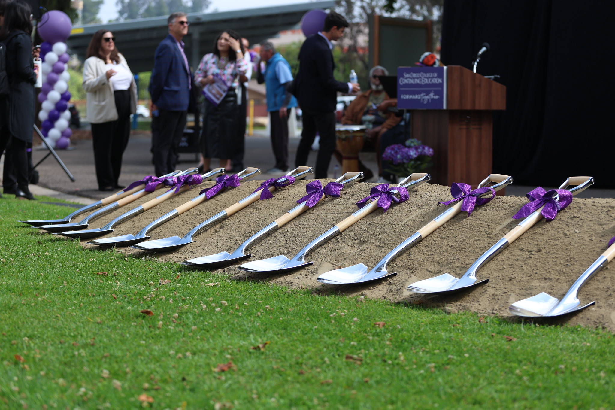 
10 shovels lined up on a pile of dirt.
